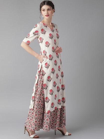 Women's  White & Pink Screen Print Kurta with Skirt