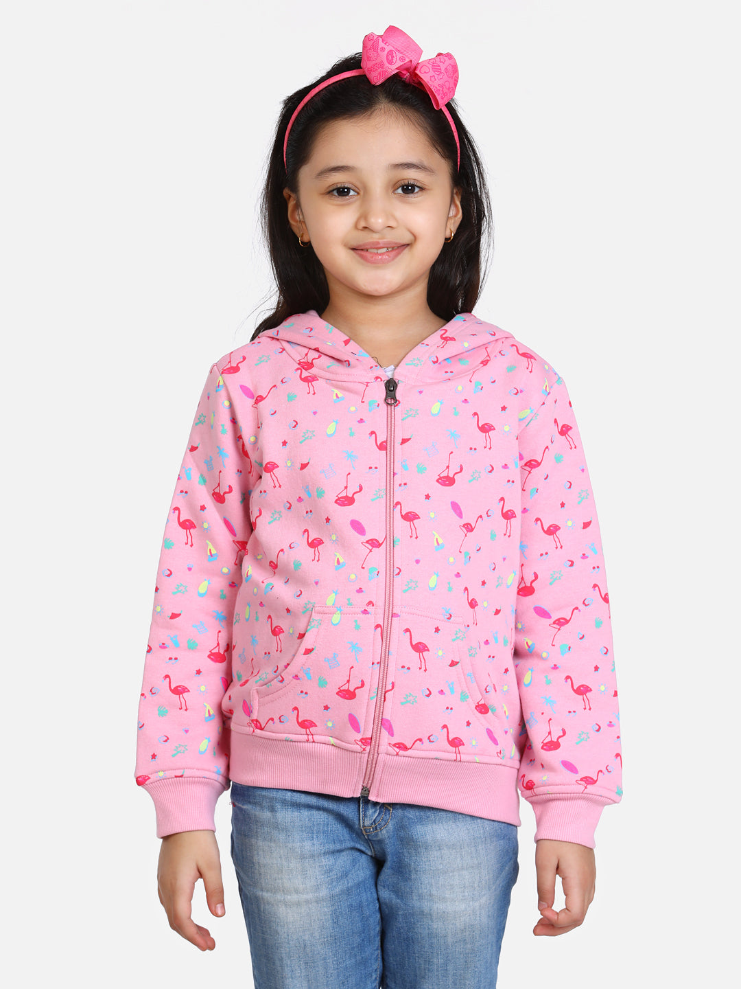 Girl's  Navy Flamingo Printed Jacket With Hoodie - S