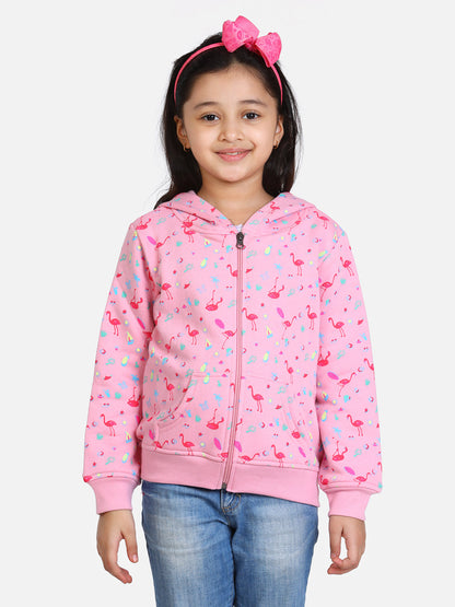 Girl's  Navy Flamingo Printed Jacket With Hoodie - S