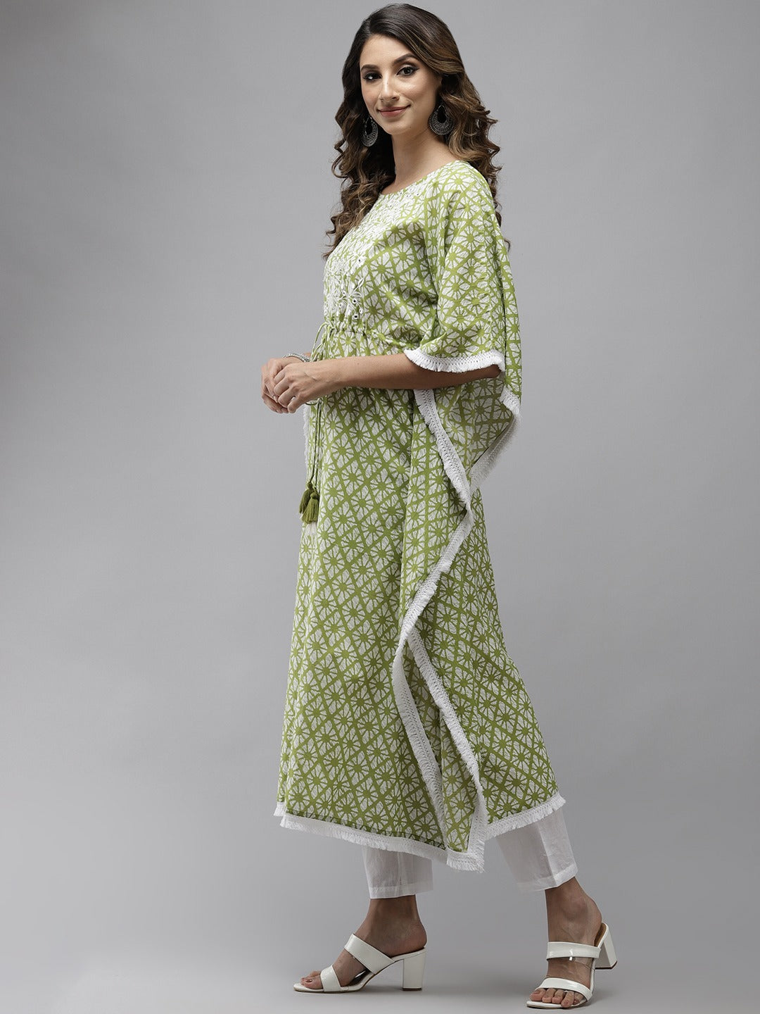 Women's Lime Green Printed Kaftan Kurta