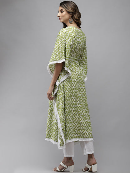 Women's Lime Green Printed Kaftan Kurta
