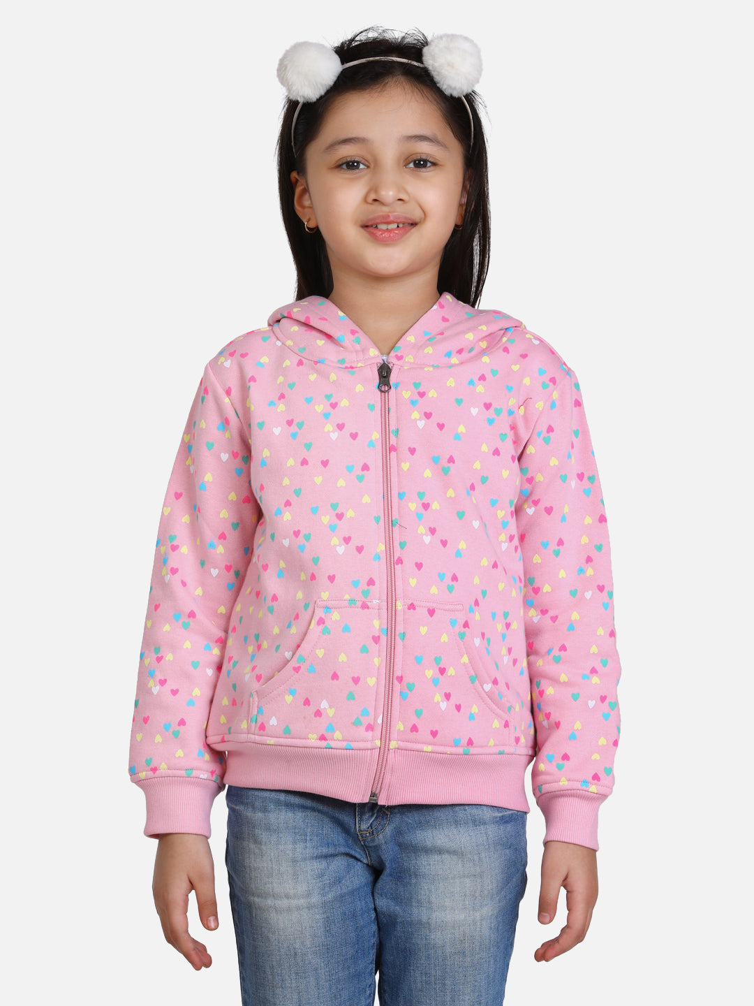 Girl's  Navy  Heart Printed Jacket With Hoodie - S