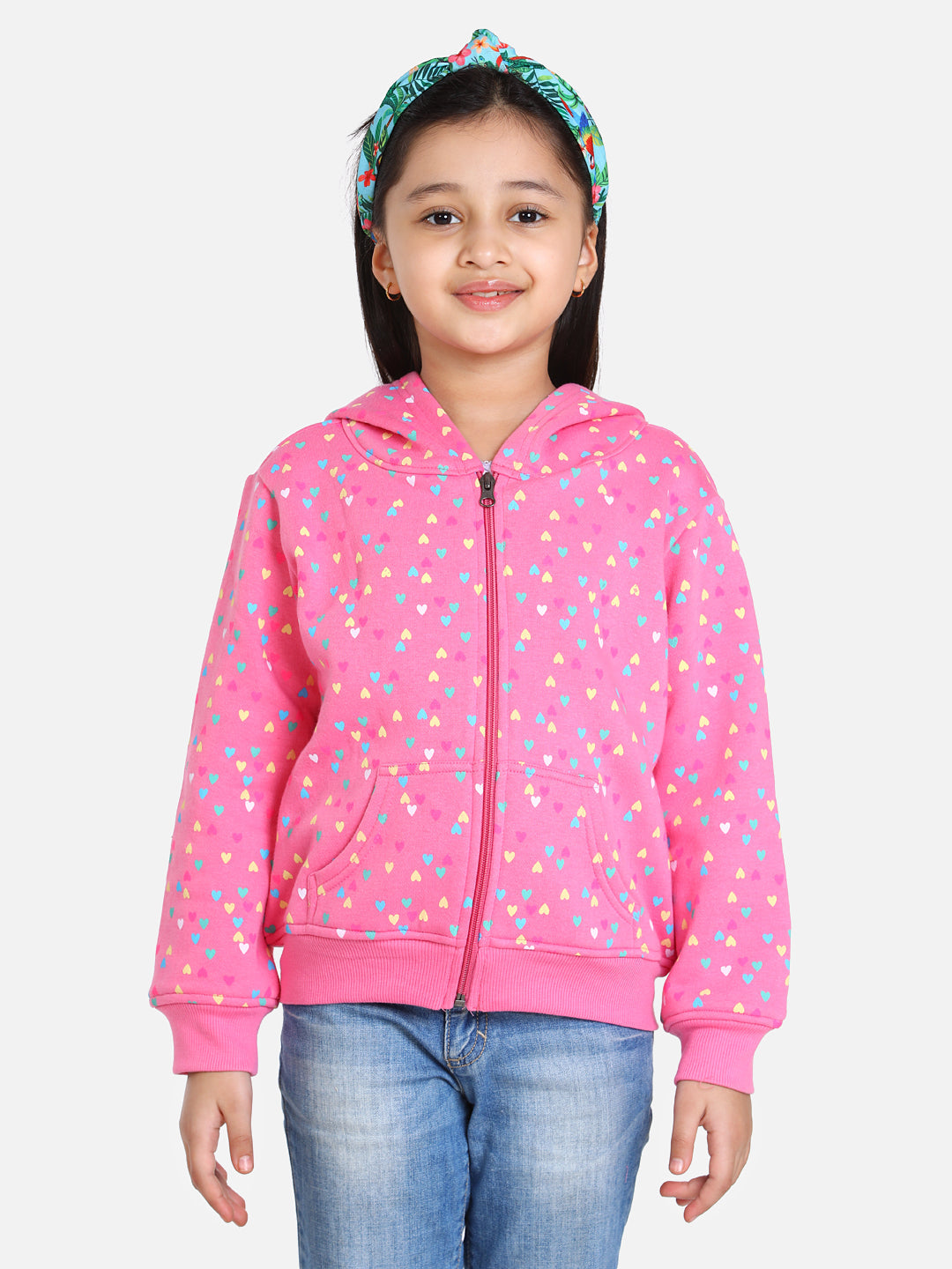Girl's  Light Pink  Heart Printed Jacket With Hoodie - S