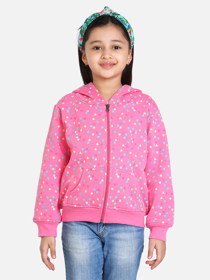 Girl's  Light Pink  Heart Printed Jacket With Hoodie - S