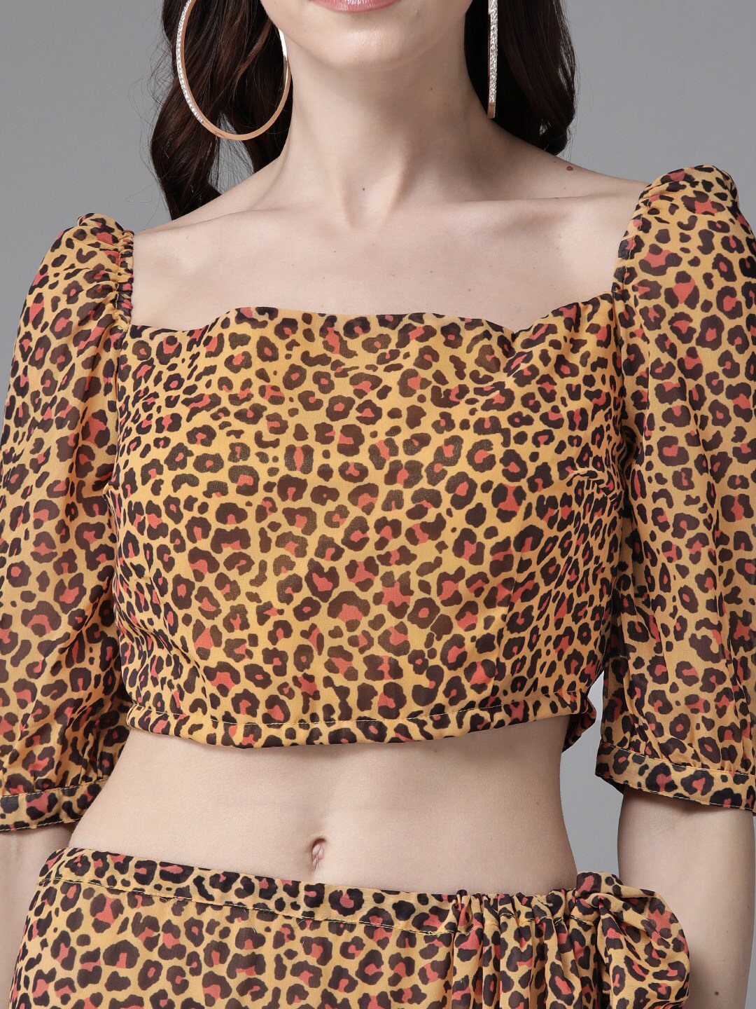 Women's Yellow Leopard Print Frilled Saree With Blouse