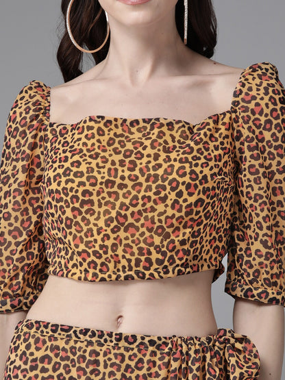 Women's Yellow Leopard Print Frilled Saree With Blouse