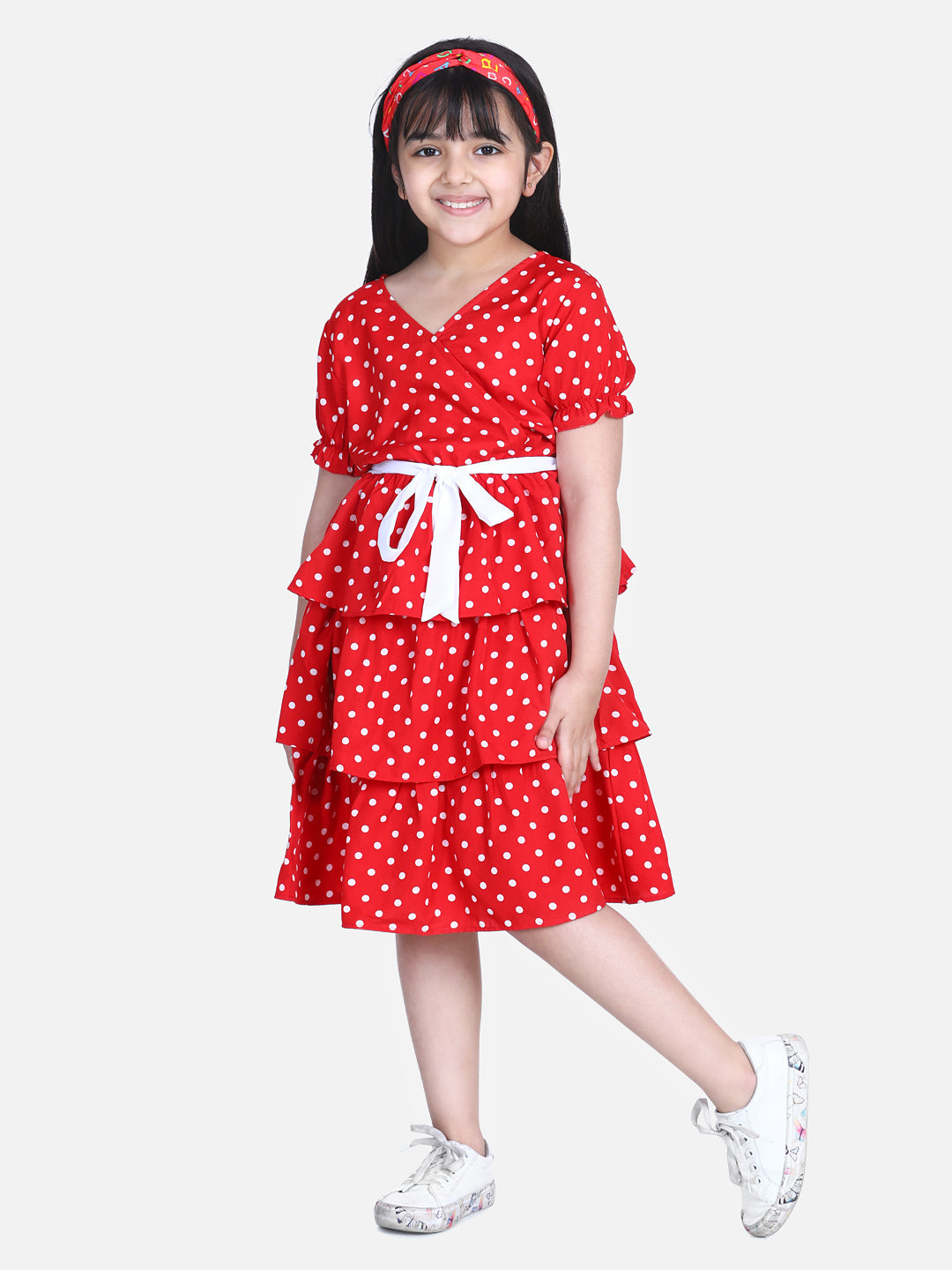Girl's  Orange Polka Multi Tier Dress With Belt  - S