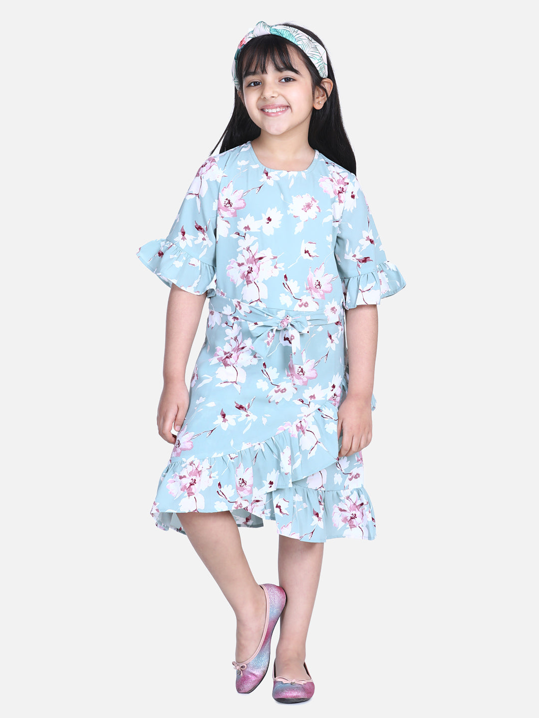 Girl's  Navy Polka Multi Tier Dress With Belt  - S