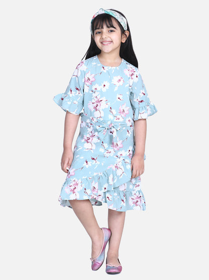 Girl's  Navy Polka Multi Tier Dress With Belt  - S