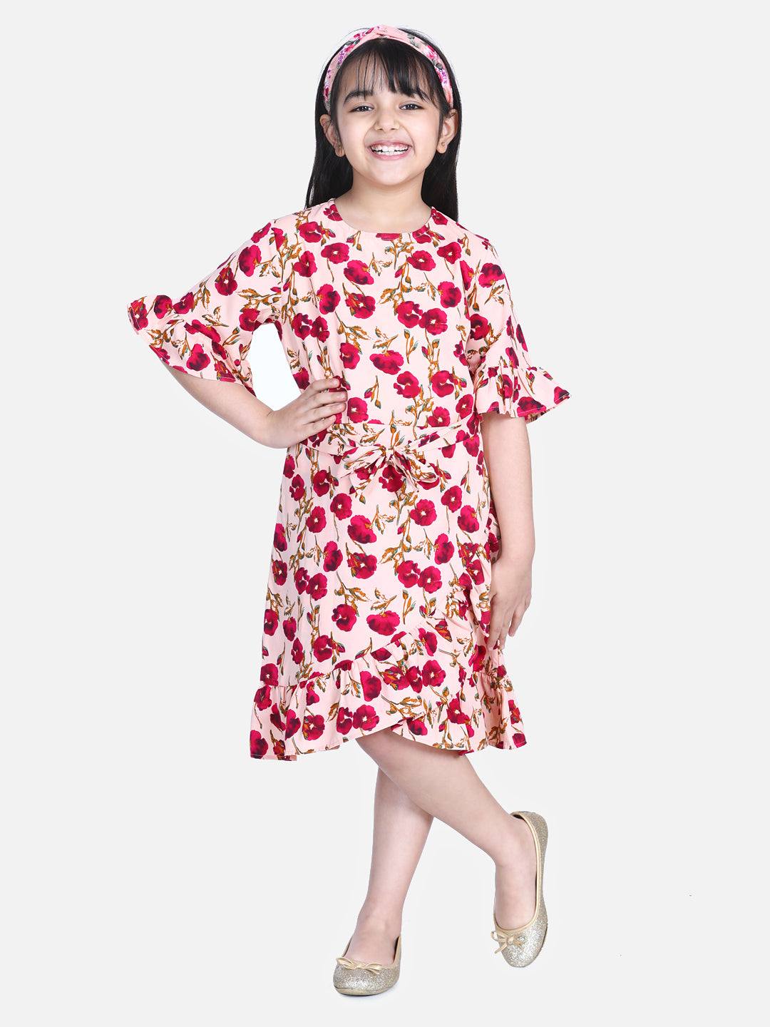 Girl's  Sky Blue Floral Print Bell Sleeve Dress - S