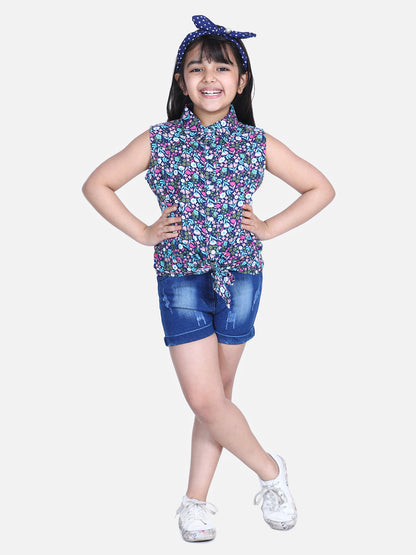 Girl's  Yellow  Printed Tie Knot Top With Pink Shorts - S