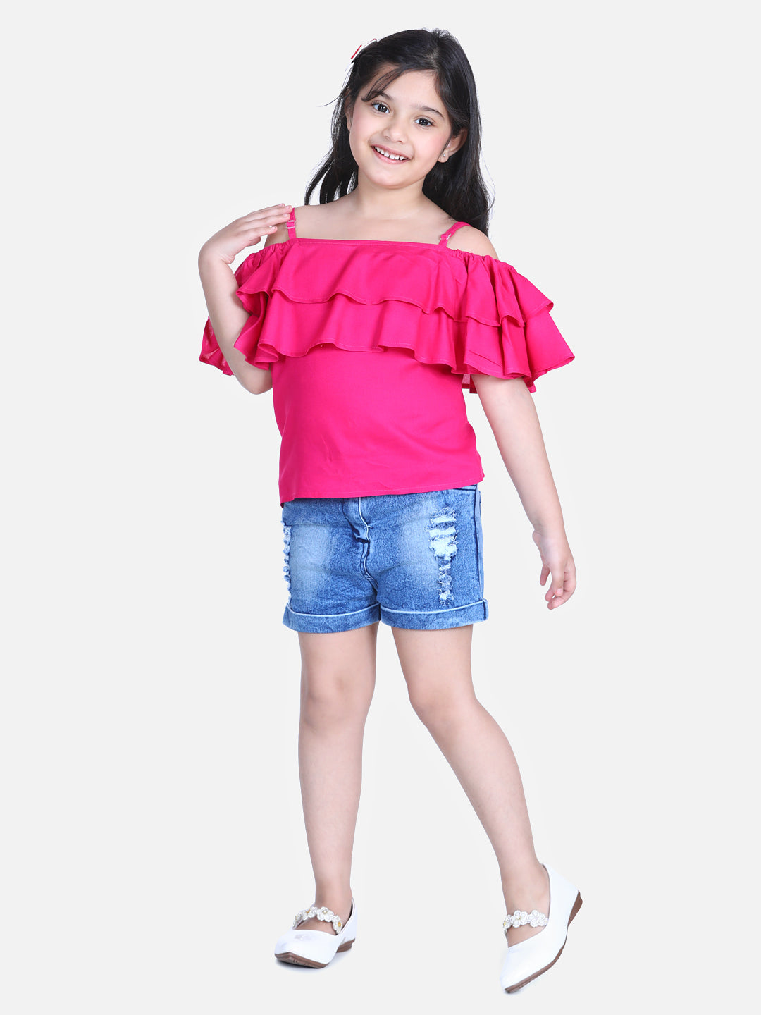 Girl's  Blue Printed Tie Knot Top With Denim Shorts - S