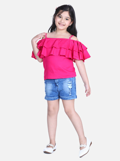 Girl's  Blue Printed Tie Knot Top With Denim Shorts - S