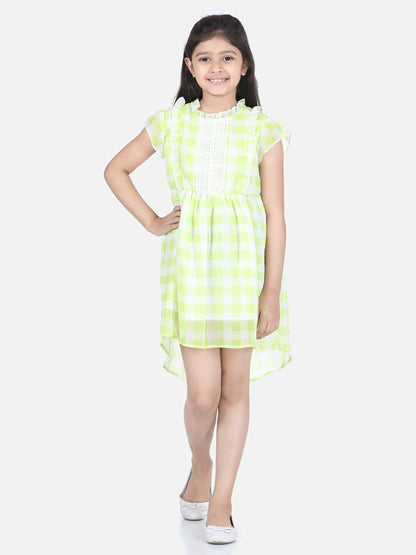 Girl's  Lemon Yellow Self Detail Dress With Lace Inserts - S