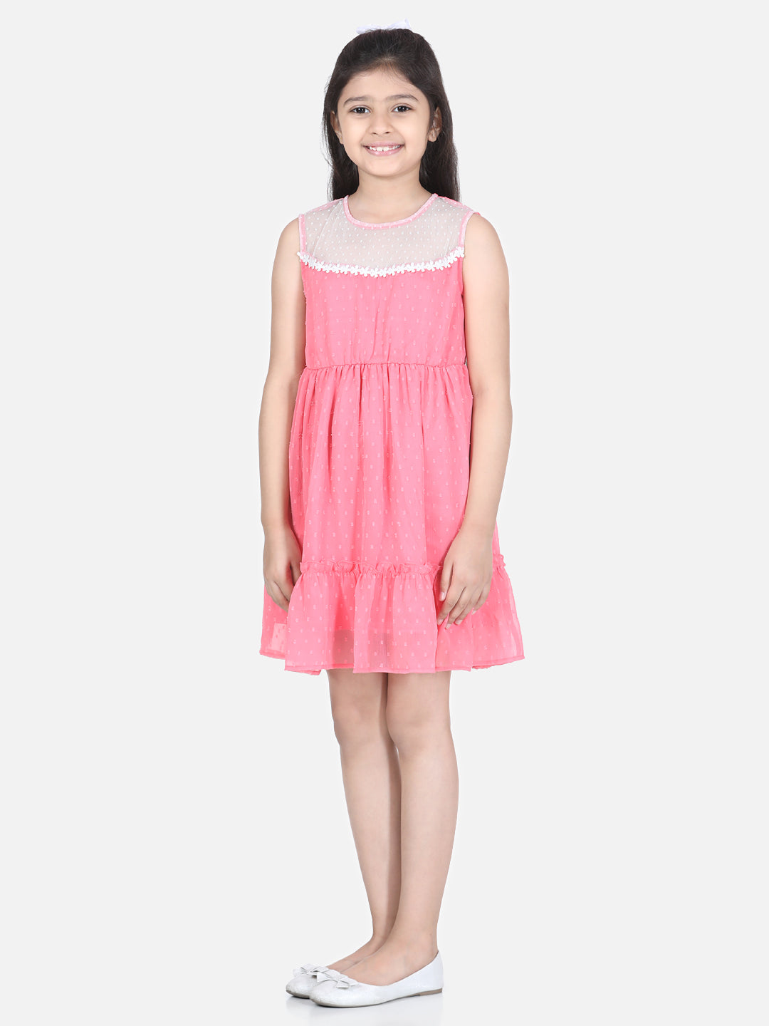 Girl's  Light Green Self Detail Dress With Lace Inserts - S