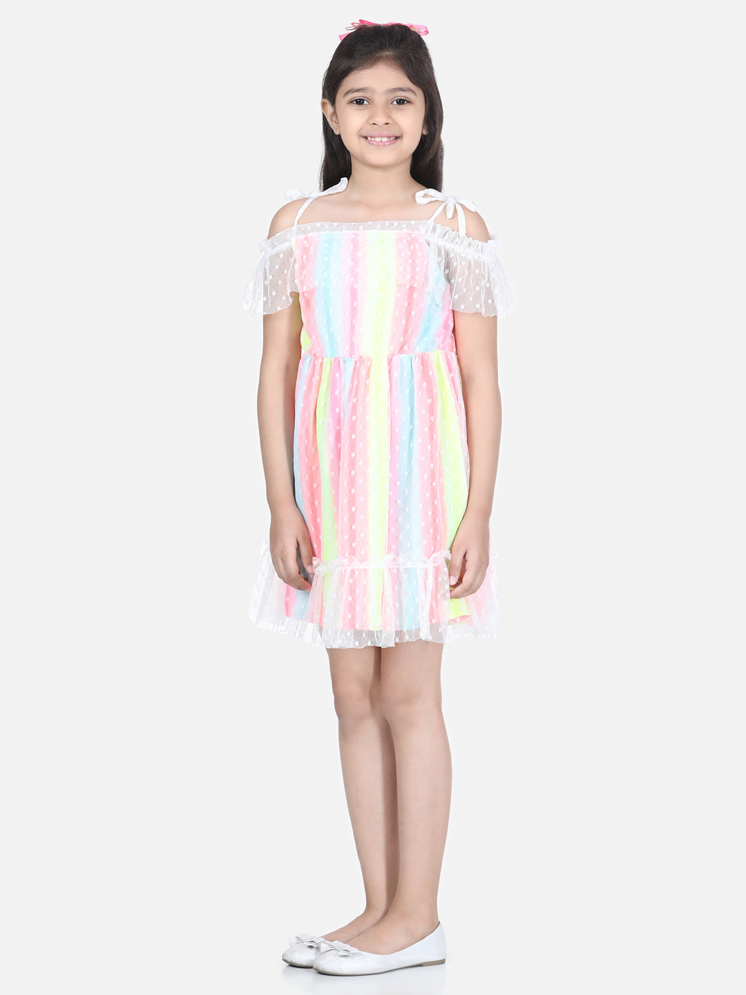 Girl's  Yellow Polyester Self Design Dress With Net And Lace Inserts - S