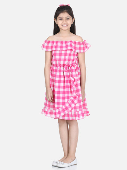 Girl's Blue Printed Dress With Pom Pom Details - S
