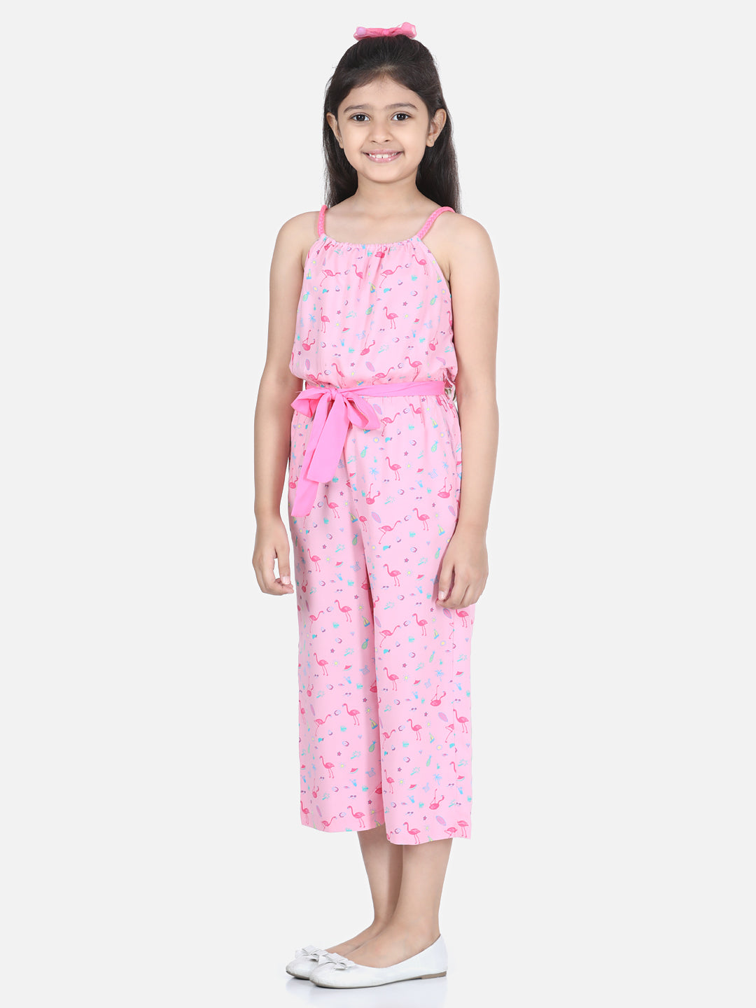 Girl's Flamingo Printed Jumpsuit With Pink Belt - S