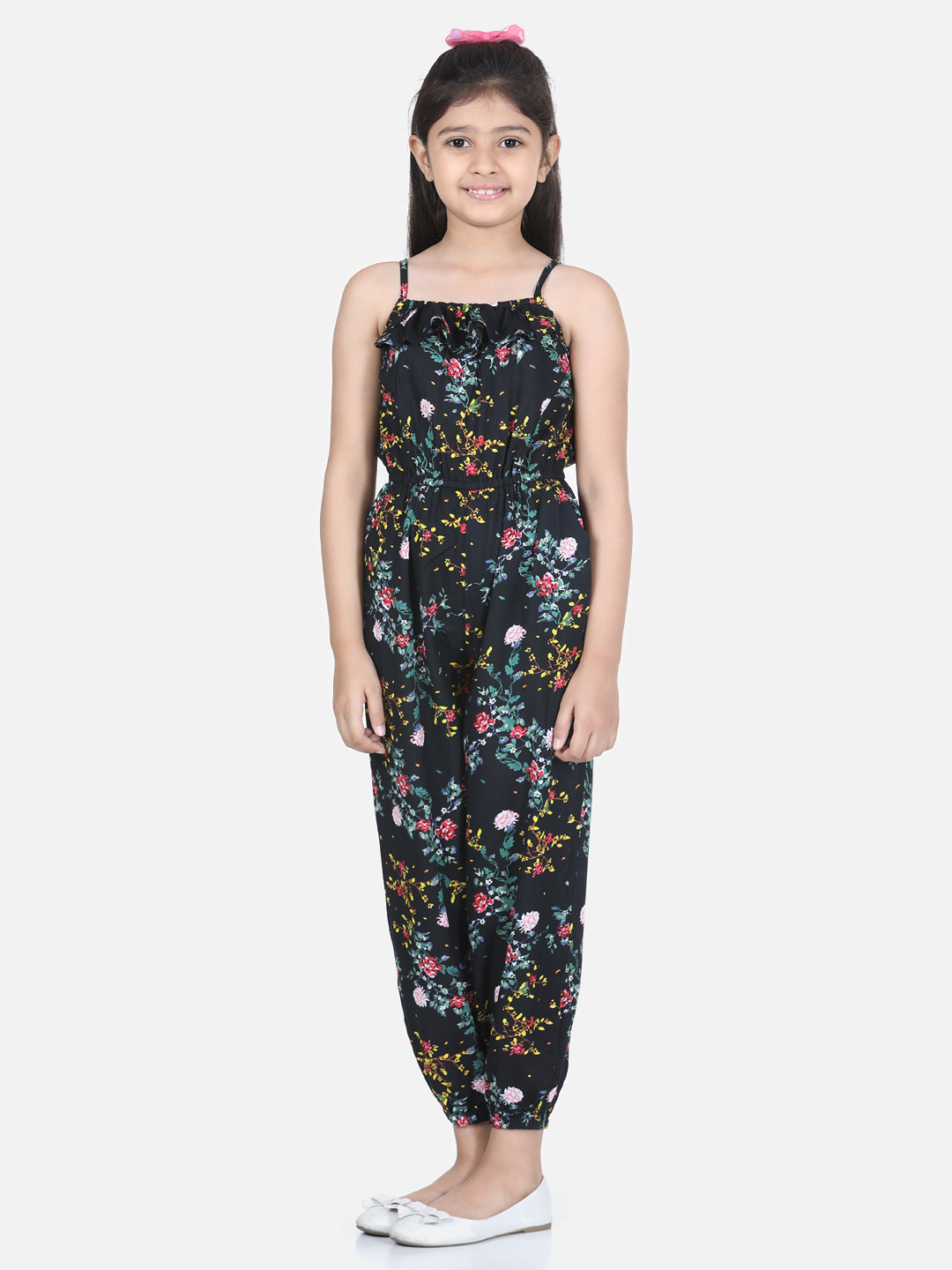 Girl's Flamingo Printed Jumpsuit With Pink Belt - S