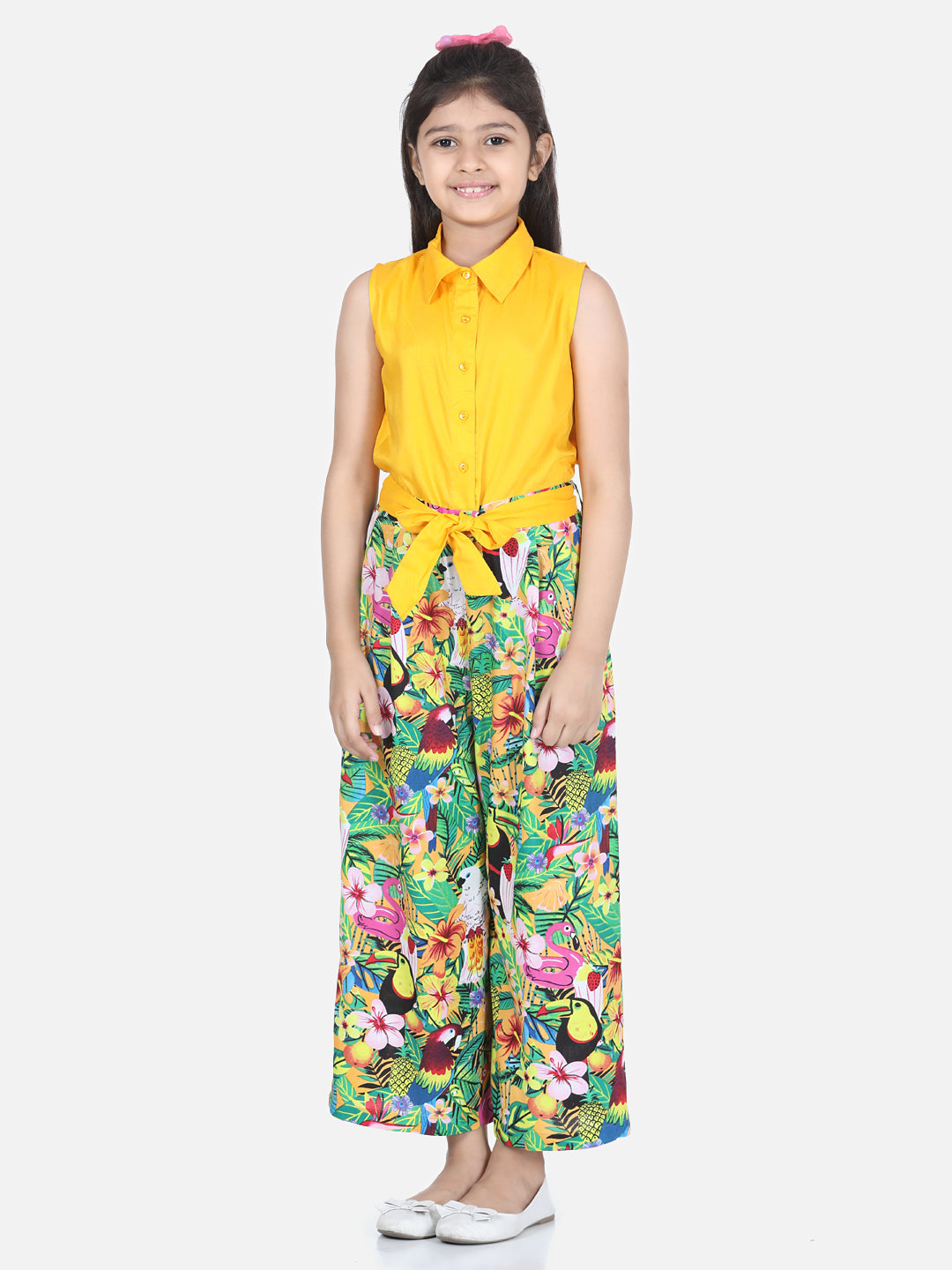 Girl's Floral Print Black Printed Jumpsuit - S