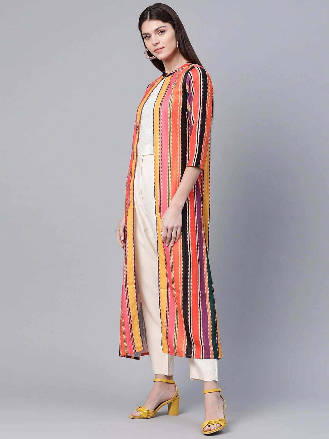 Women's  Orange & Black Striped Open Front Long Ethnic Jacket