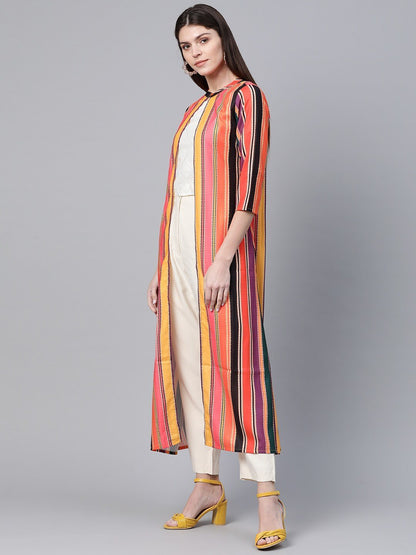Women's  Orange & Black Striped Open Front Long Ethnic Jacket