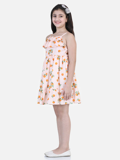 Girl's Pink And Blue Printed Hi-Lo Dress With Net Inset - S