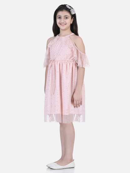 Girl's Beie Offshoulder Dress With Pink Embroidery - S