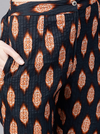 Women's  Navy Blue & Orange Regular Fit Printed Trousers With Pintucks