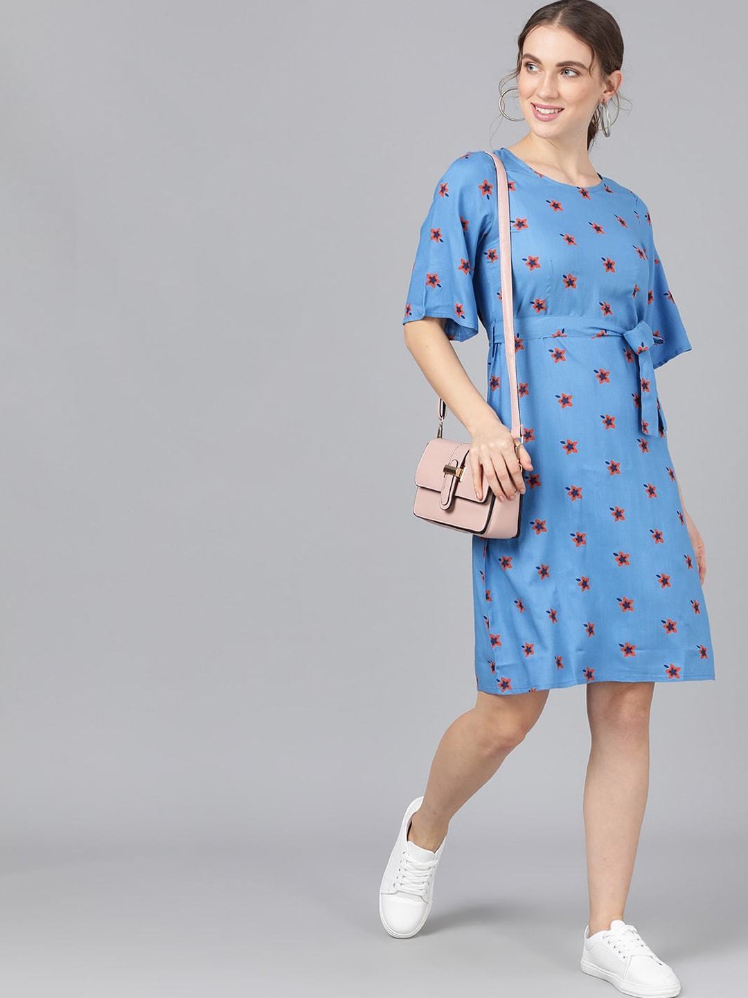Women's  Blue & Maroon Printed Fit and Flare Dress