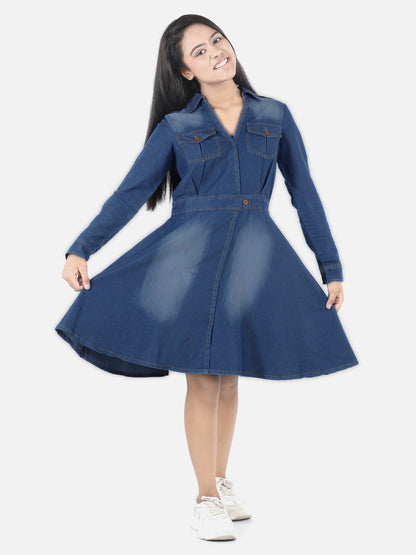 Girl's Denim Window Cutout Navy Blue Dress - S
