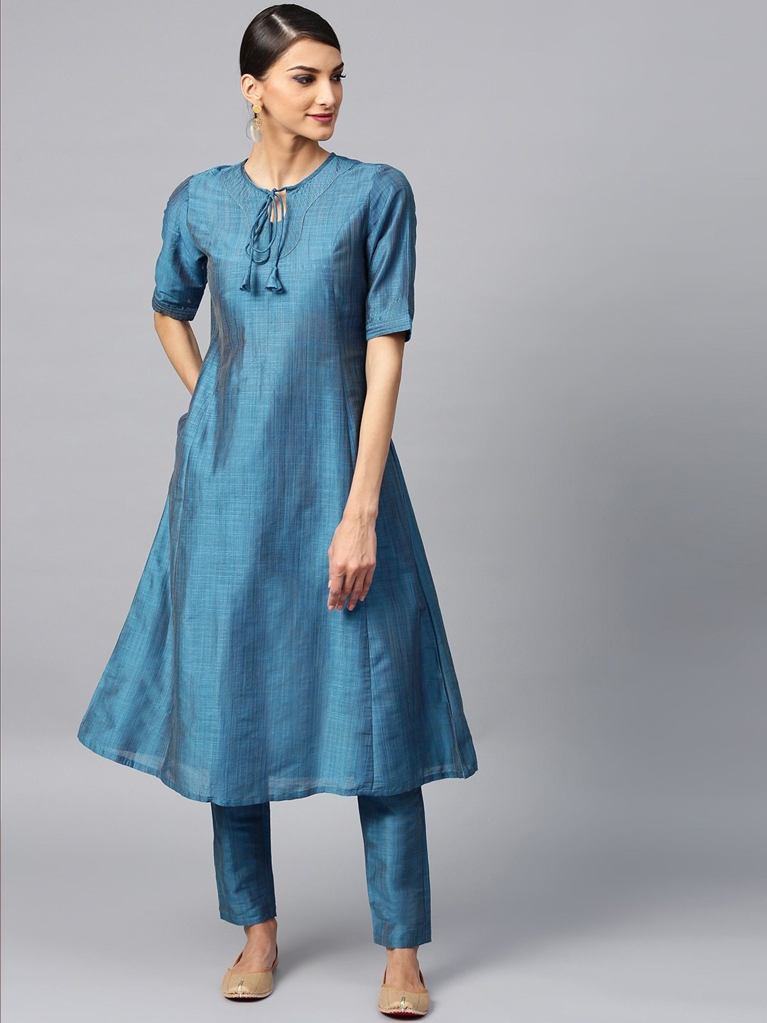 Women's  Blue Solid Kurta with Trousers