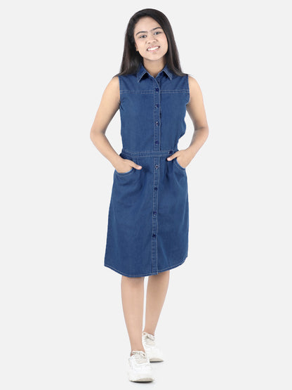 Girl's Denim Long Sleeve Dress With Shoulder Detail - S