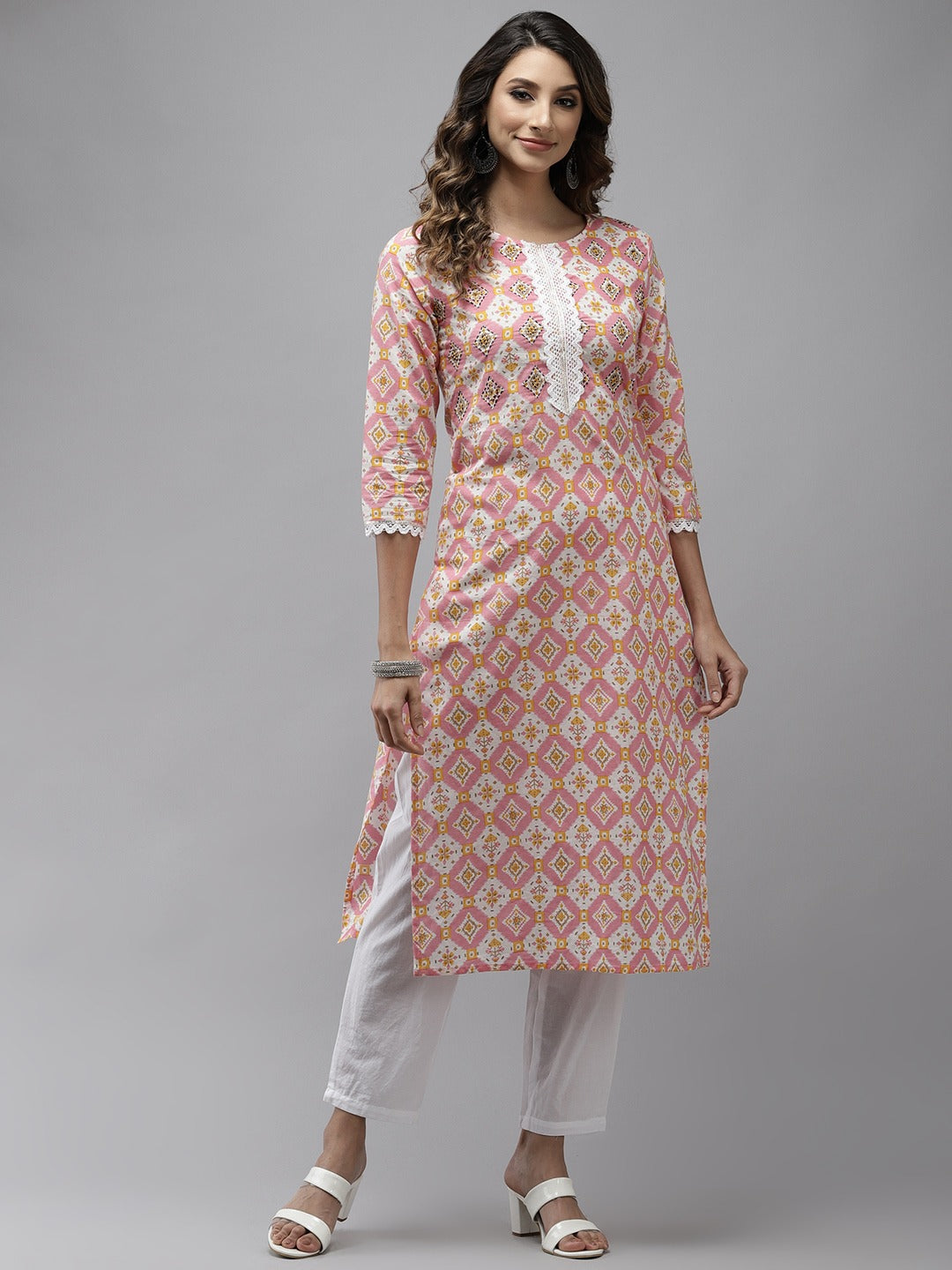 Women's Peach And White Kurta With Trousers Set