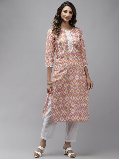 Women's Peach And White Kurta With Trousers Set