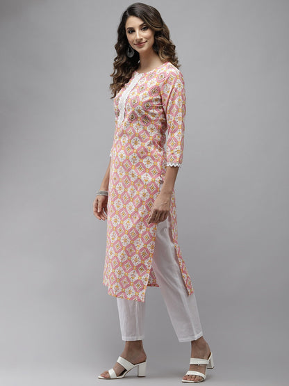 Women's Peach And White Kurta With Trousers Set