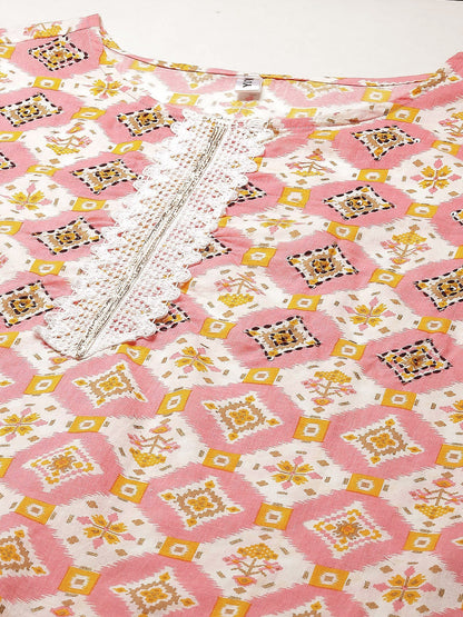 Women's Peach And White Kurta With Trousers Set