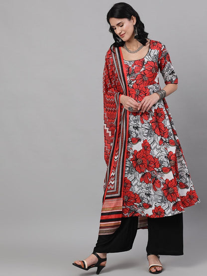 Women's  White & Red Printed Kurta with Palazzos & Dupatta