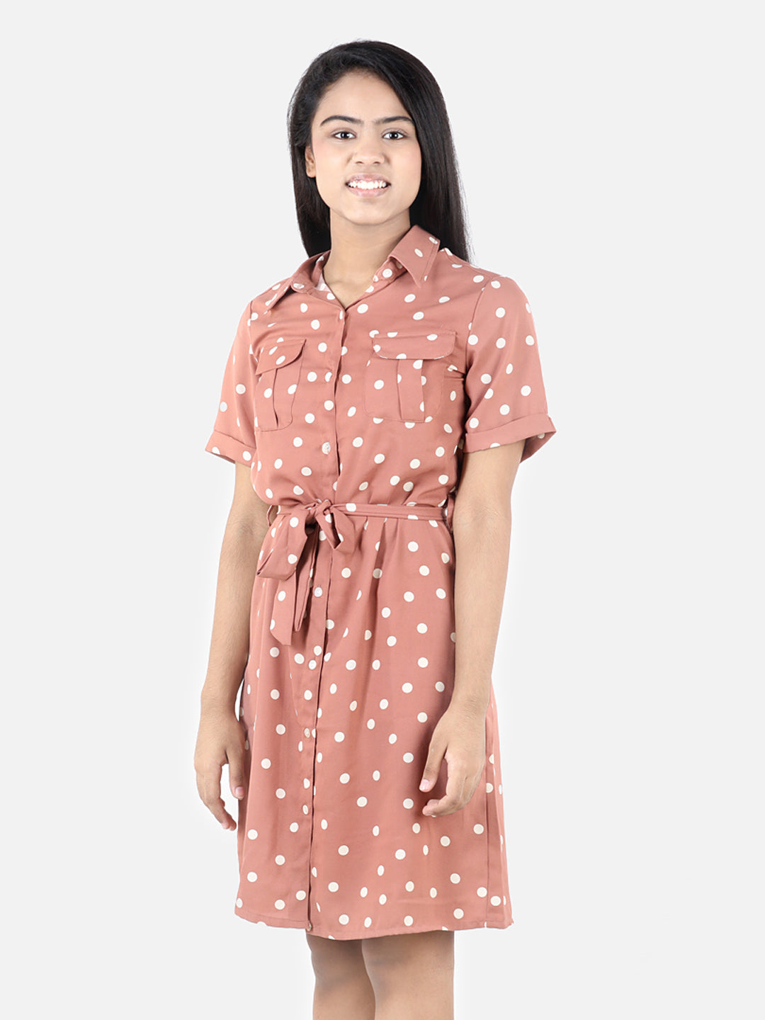 Girl's Polyester Printed Dress With Attached Tie Knot Style Top - S