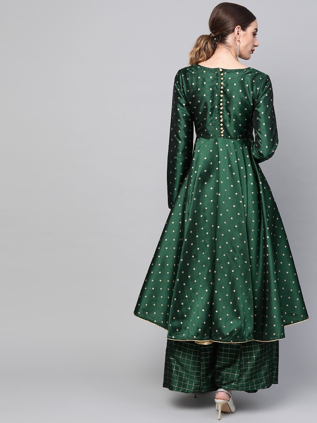 Women's  Green & Golden Woven Design Anarkali Kurta