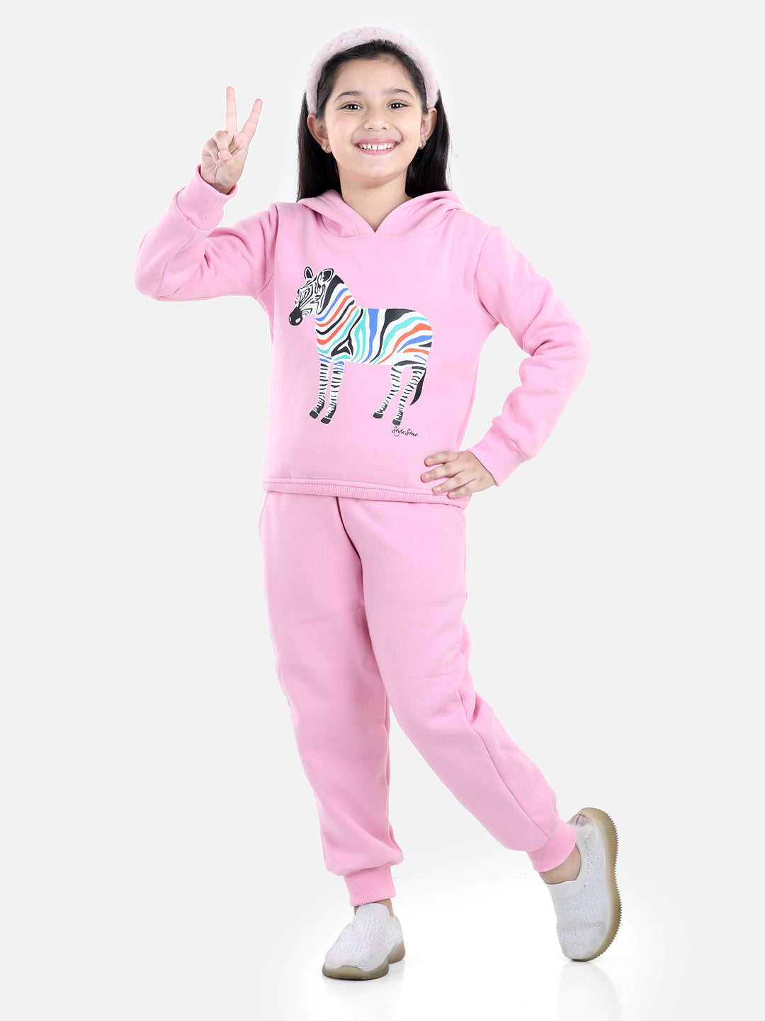 Girl's Dark Pink Zebra Printed Hooded Track Suit Set - S