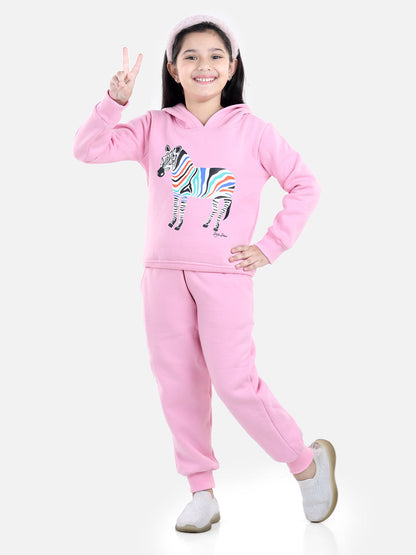 Girl's Dark Pink Zebra Printed Hooded Track Suit Set - S