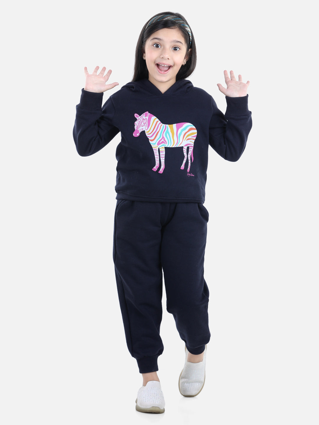 Girl's Light Pink Zebra Printed Hooded Track Suit Set - S
