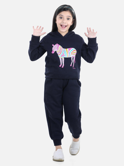 Girl's Light Pink Zebra Printed Hooded Track Suit Set - S