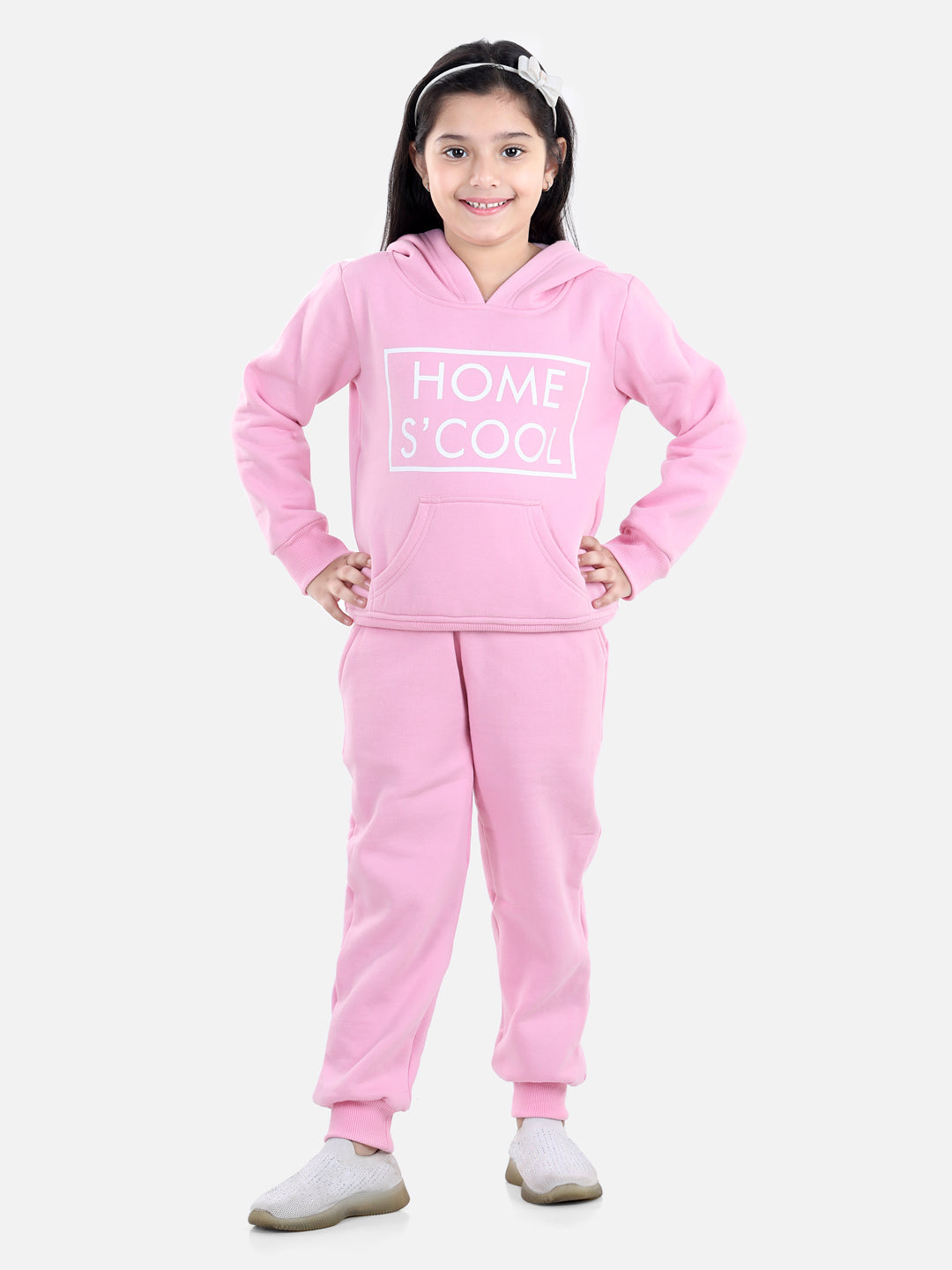 Girl's Red Home S'Cool Printed Hooded Track Suit Set - S