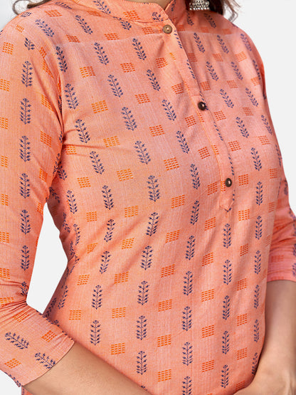 Women's Printed Straight Cotton Peach Kurta Pant With Dupatta (3Pcs Set)
