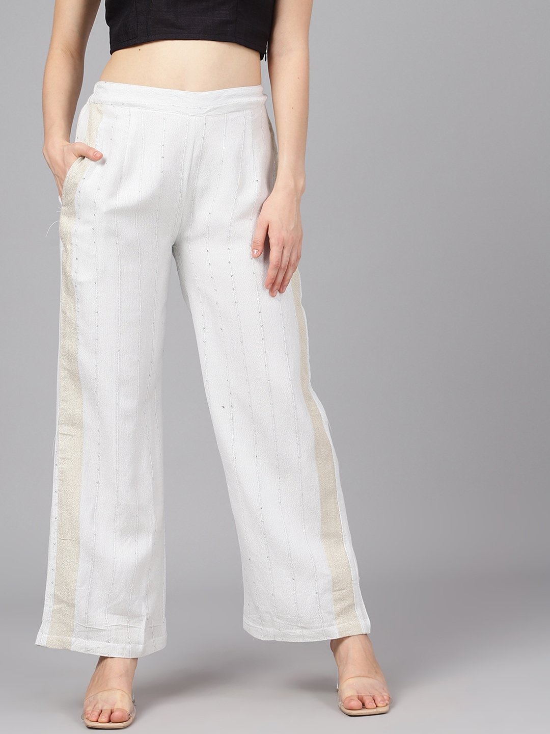 Women's  White Embellished Wide Leg Palazzos