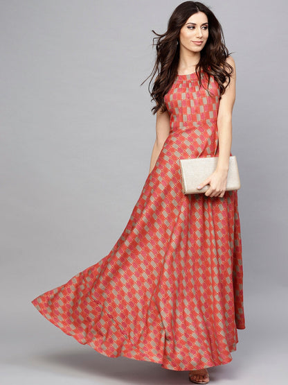 Women's Red Printed Sleeveless Flared Maxi Dress