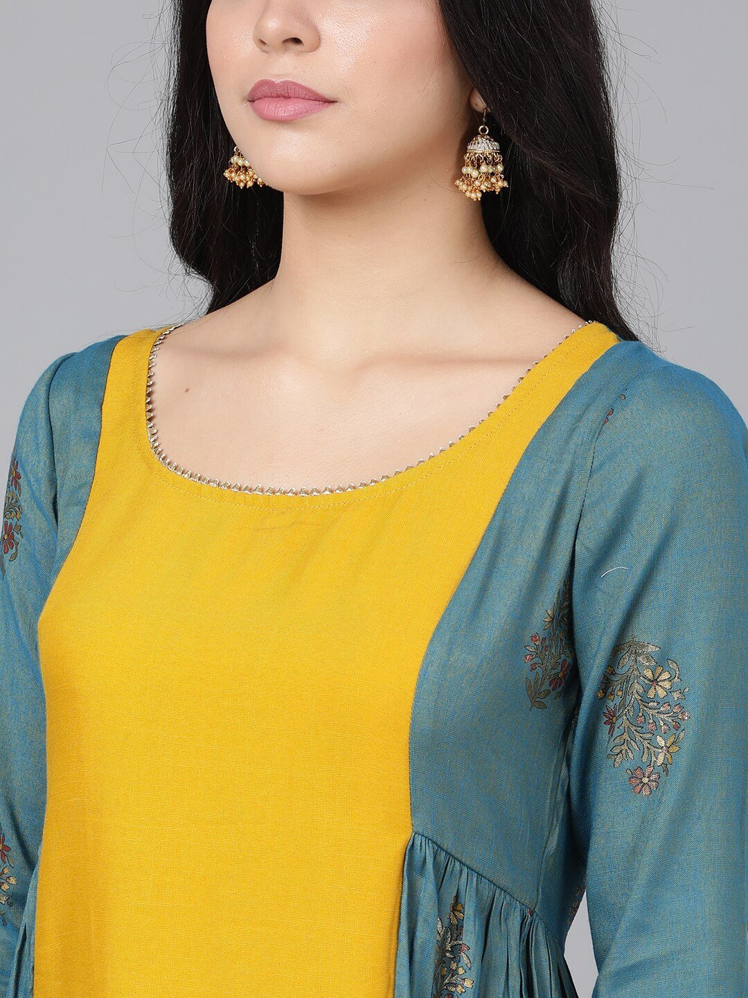 Women's  Mustard Yellow & Blue Floral Embroidered Kurta with Palazzos & Jacket