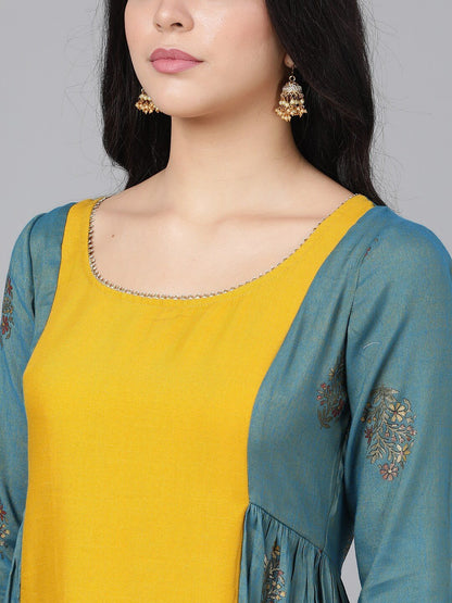 Women's  Mustard Yellow & Blue Floral Embroidered Kurta with Palazzos & Jacket